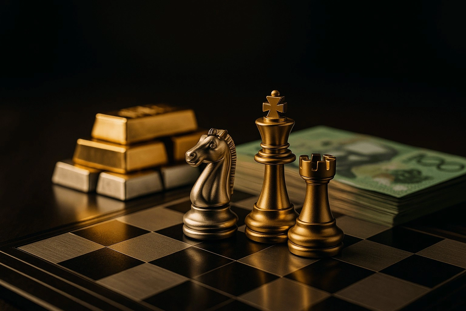 Gold and silver bars, cash and chess pieces representing investment strategy